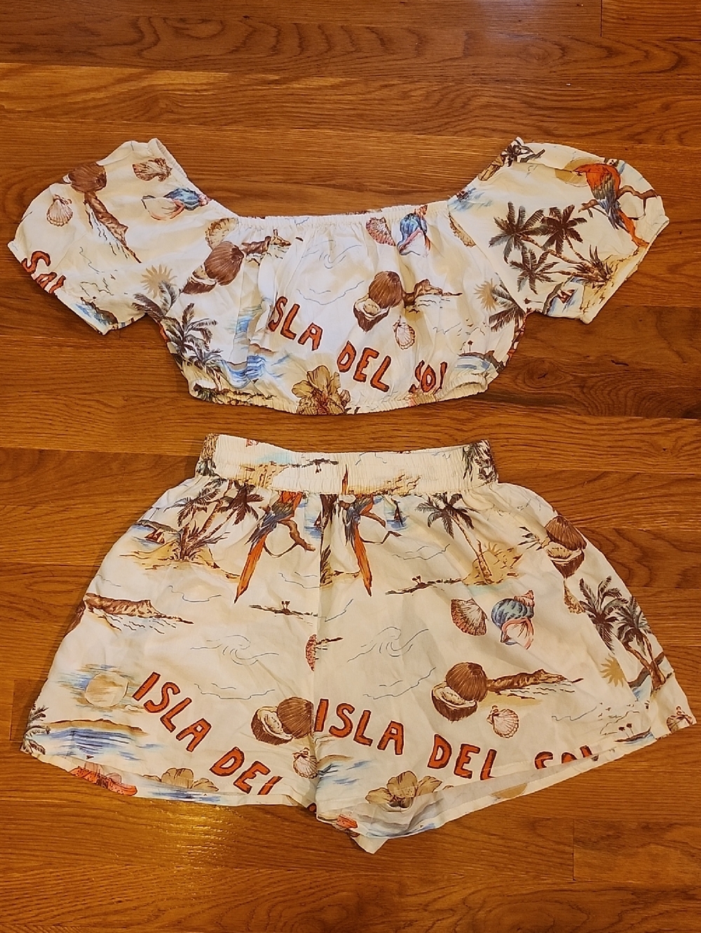 Two-Piece White Tropical Print Crop Top + Shorts Set